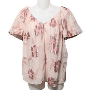 REBECCA TAYLOR Silk Floral Embroidered Flutter Sleeve V-Neck Blouse M
